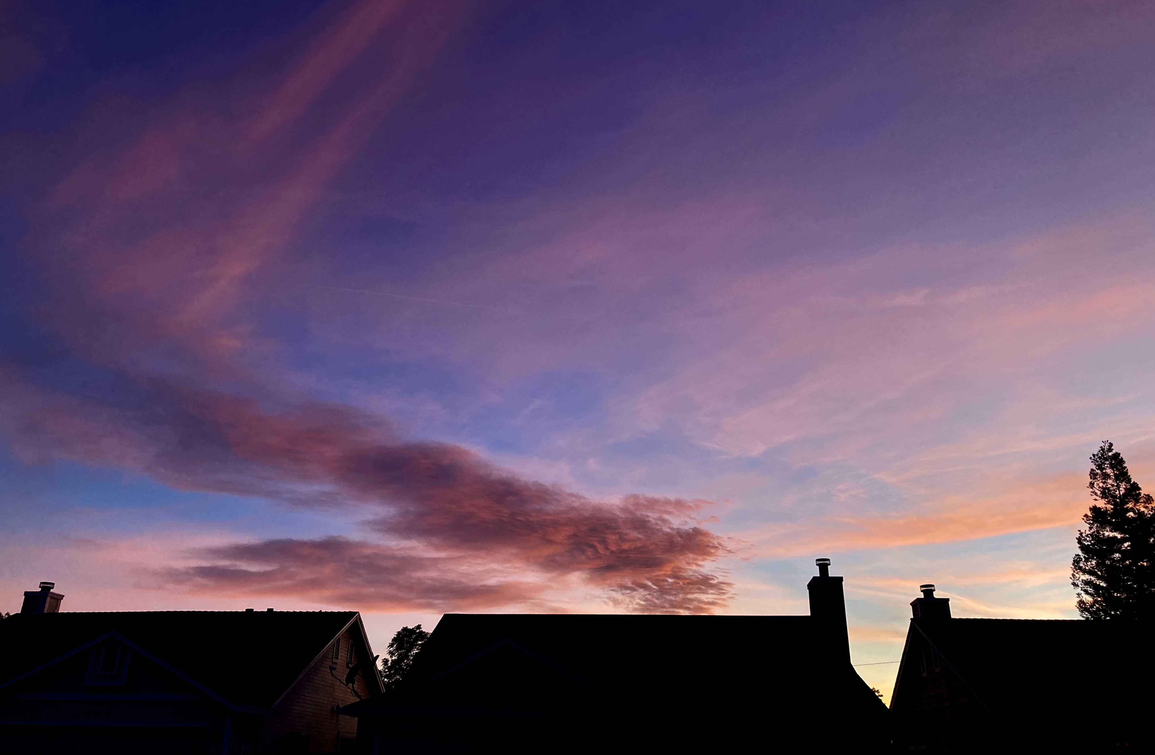 Pink and purple night sky about rooftops